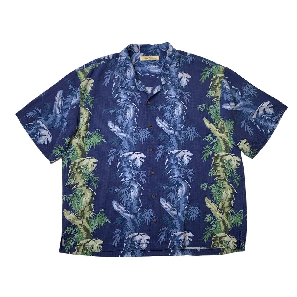 Vintage Tommy Bahama Shirt Men 2XL Blue Green Silk Banana Leaf Floral Hawaiian